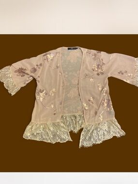 BKE Boutique Sheer Embroidered Kimono - Soft Pink